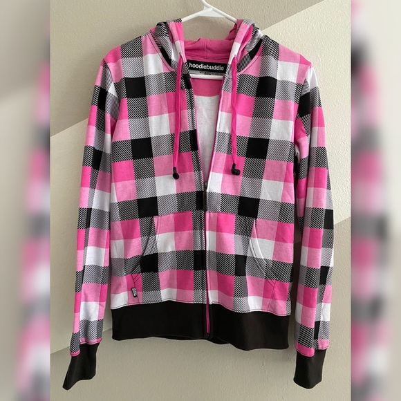 HoodieBuddie Jackets & Blazers - Pink Plaid Zipper Jacket with Built-in Headphones